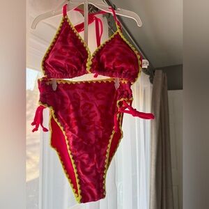 POPVIL Hot Pink Animal Print Bikini with Neon Trim Womens Small NWT